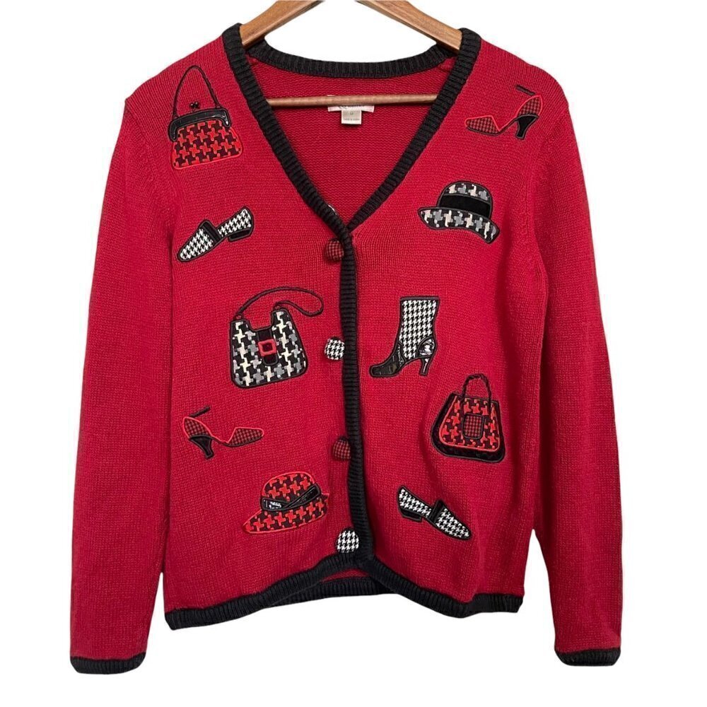 Women's Retro Red Y2K Shoes Purses Hats Embroidered Knit Cardigan Sweater Medium
